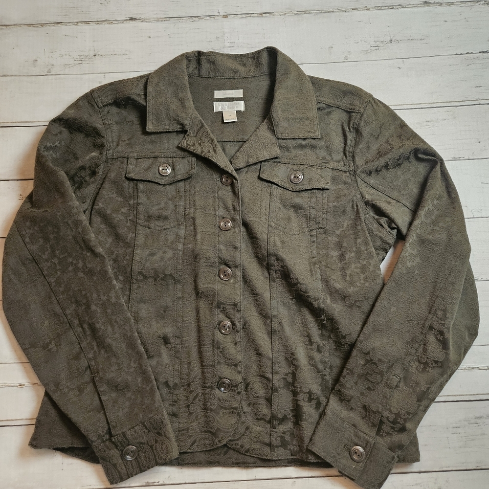 Christopher & Banks Olive Green Damask Pattern Button Up Shacket Size Medium